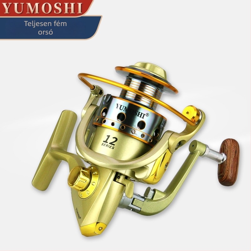 YUMOSHI spinning orsó fából készült nyéllel és fém testtel