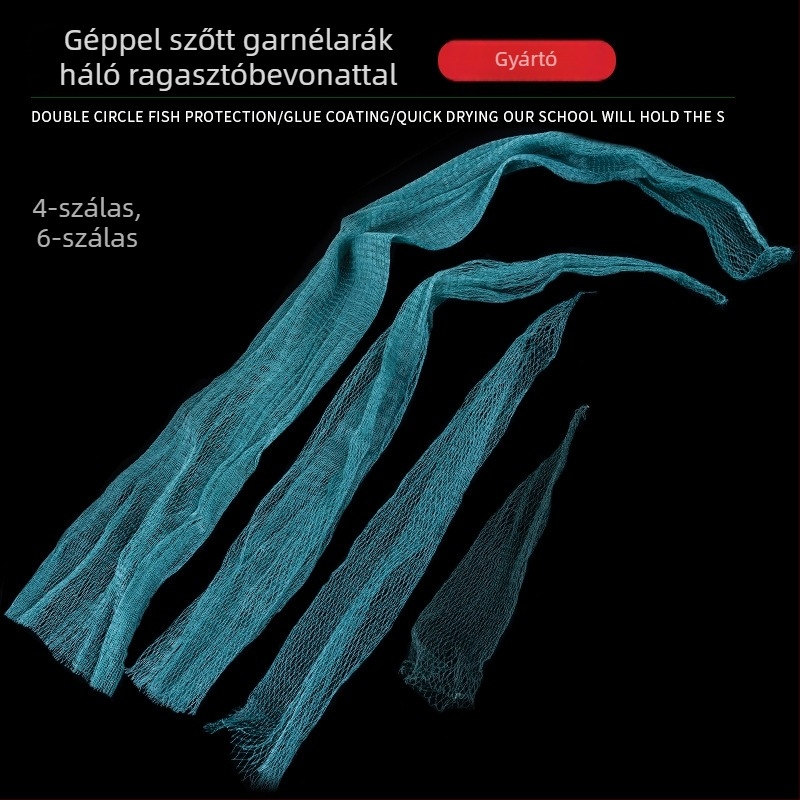 Szőtt garnéla háló ragasztott selyemszállal, kézzel varrt négyszálas kivitel; garnéla háló, halszat és halvédő