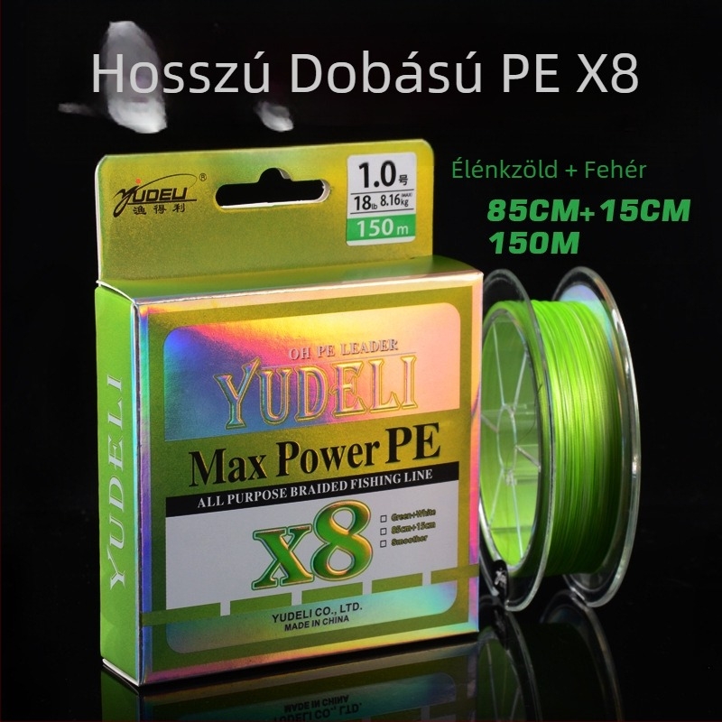 Yudeli PE zsinór távoli dobásokhoz, 150 m, 8 szál, neon zöld, kopásálló, YGK selyem helyettesítő zsinór, precíz kötés