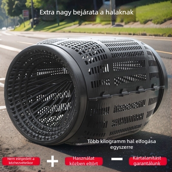 Nagy kör alakú halas ketrec, süllyedő aljjal és fordított nyílással, szökés elleni háló