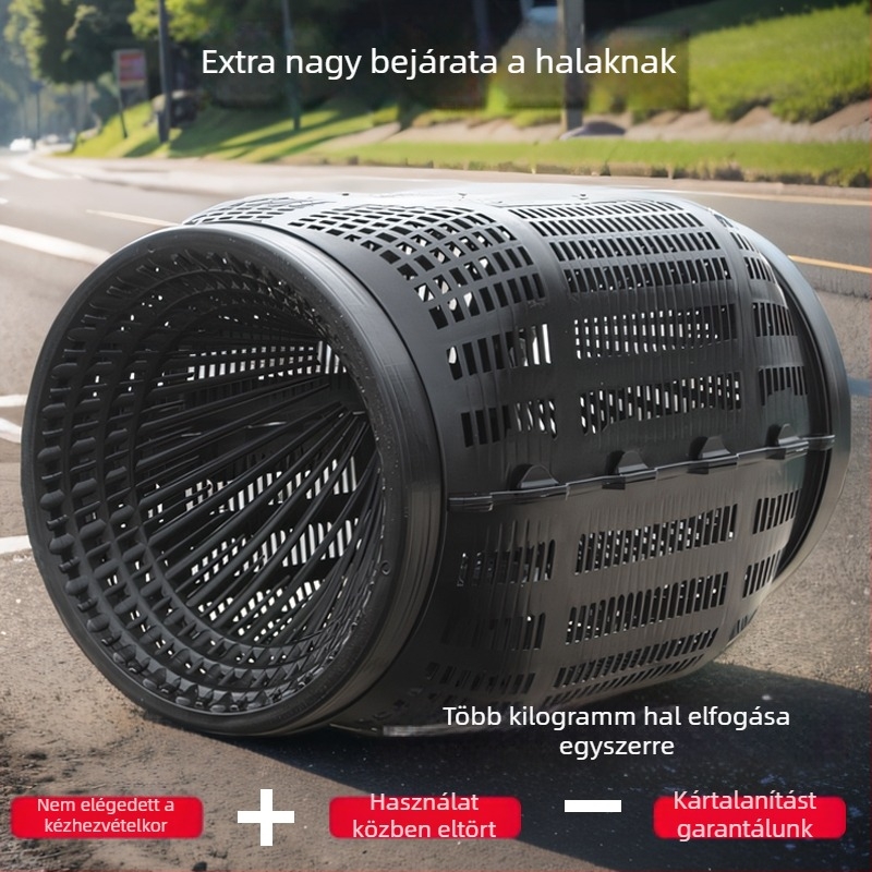 Nagy kör alakú halas ketrec, süllyedő aljjal és fordított nyílással, szökés elleni háló