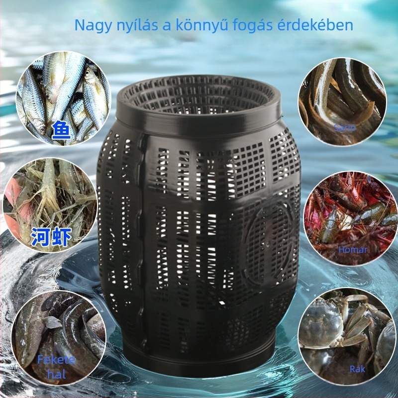 Nagy kör alakú halas ketrec, süllyedő aljjal és fordított nyílással, szökés elleni háló