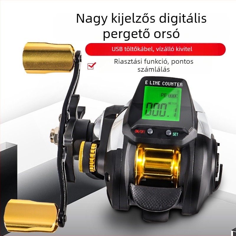 Digitális kijelzős horgászorsó, nagy kijelző, töltés, riasztás, dobóorsó, mágneses anti-tekercselés