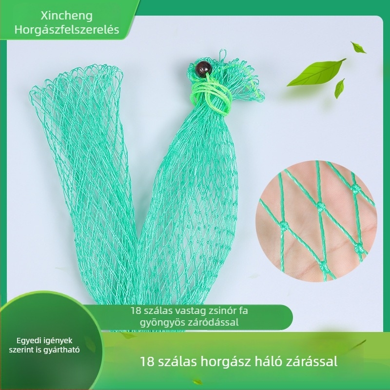 Zöld 18-szálas nejlon hálós táska gyöngyös húzózsinórral – horgászati felszerelés