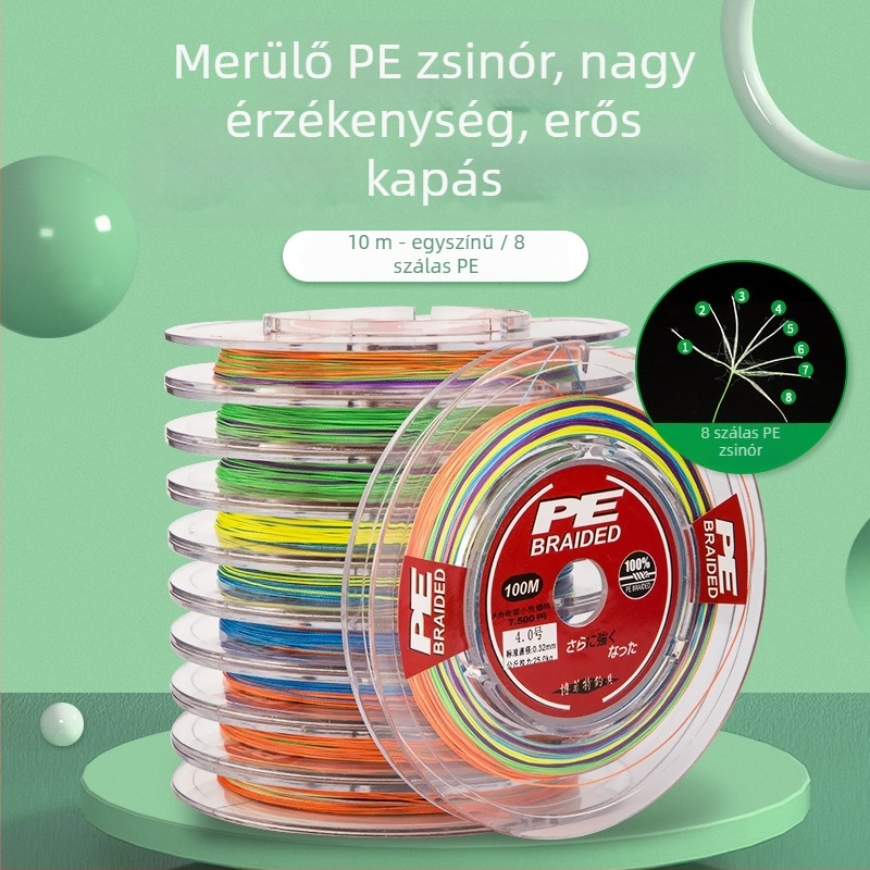 8-szálas PE fonott horgászzsinór, 10 m, színes, harapás- és kopásálló