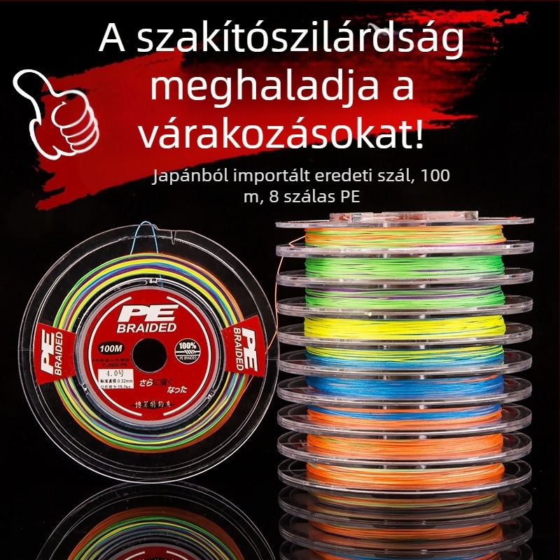 8-szálas PE fonott horgászzsinór, 10 m, színes, harapás- és kopásálló