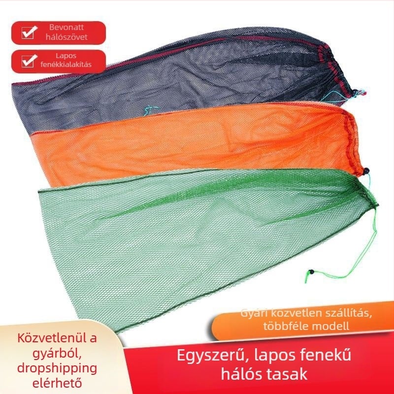 Kis hálós zsák zsinóros nyitással; lapos aljú garnéla-zsák; kígyózsák; kis vászonzsák
