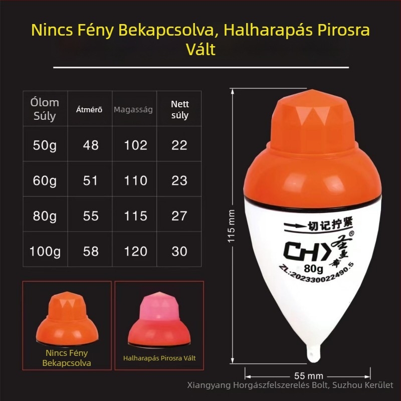 Zöld LED-del világító elektronikus pecabot úszó, 12 s időzítő, 50–100 g súlyok, harapásérzékelés