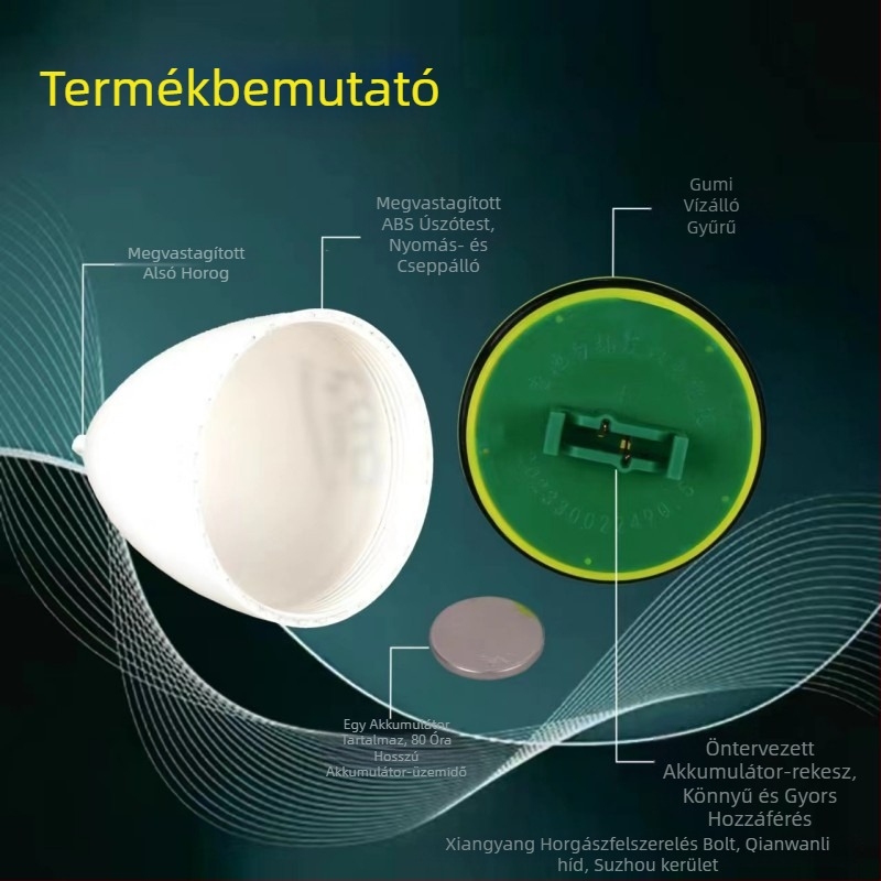 Zöld LED-del világító elektronikus pecabot úszó, 12 s időzítő, 50–100 g súlyok, harapásérzékelés