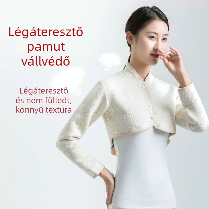 Pamut vállmelegítő fleece béléssel, négy évszakos melegség nőknek, középkorúak és idősek számára, hosszú és rövid ujjú kivitel