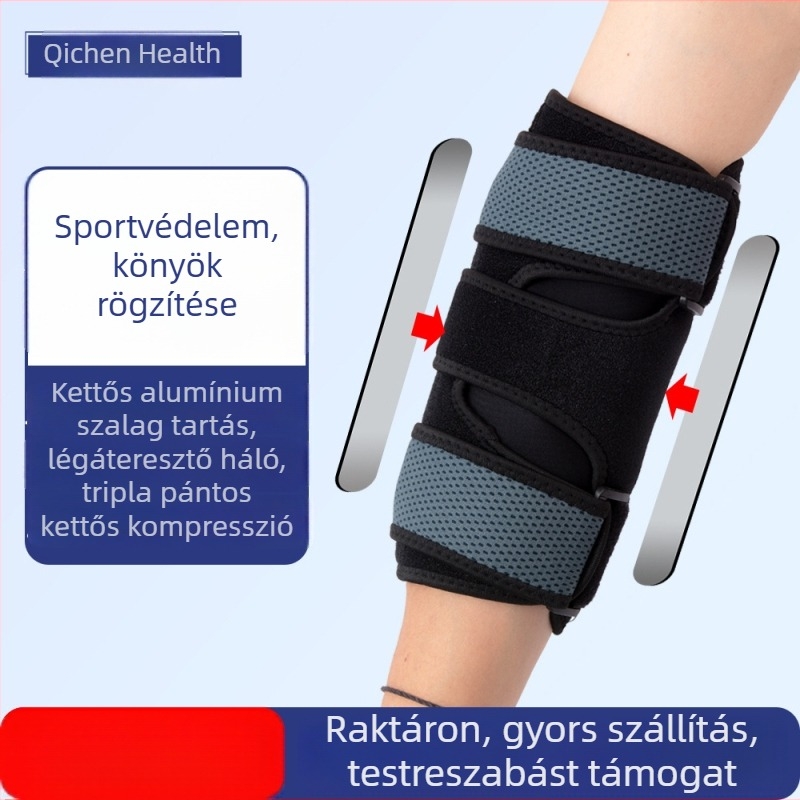 Sportos könyökvédő acéllemezzel, légáteresztő, állítható, csúszásmentes