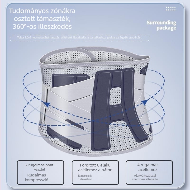 Négy évszakos, lélegző deréktámogató öv acéllemez-támogatóval, állítható, uniszex