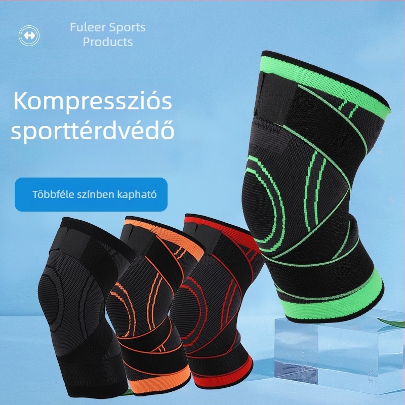 Kompressziós sport térdvédő szíjjal, csúszásmentes felülettel, kosárlabdára, futásra, kerékpározásra és túrázásra