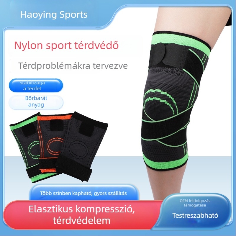 Kompresziós térdvédők pánttal – sportokhoz: kültéri futás, kerékpározás, hegymászás; kosárlabdára és tollaslabdára.