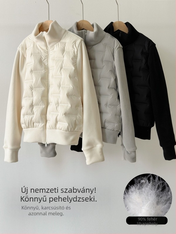 Női rövid pufkabát fehér kacsapuhával, panelok polár fleece-sel, álló gallér, cipzár