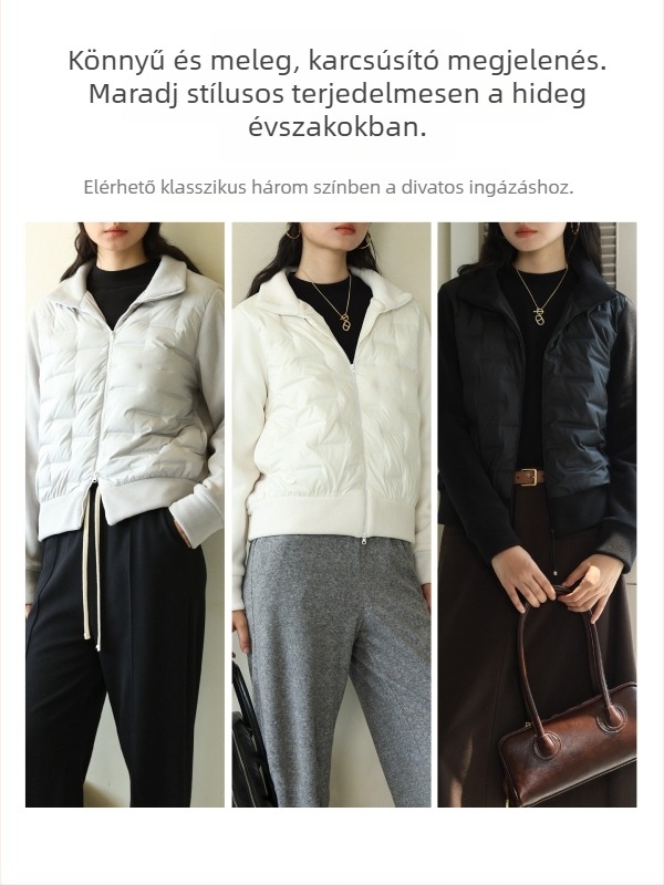 Női rövid pufkabát fehér kacsapuhával, panelok polár fleece-sel, álló gallér, cipzár