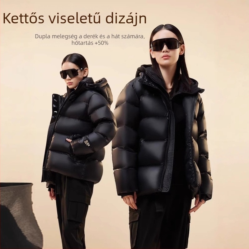 Fekete női tollas kabát kapucnival, rövid, vastag, meleg, városi mindennapokra, elegáns casual stílus aranyionnal