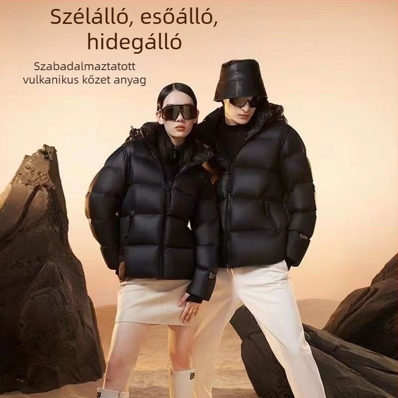 Fekete női tollas kabát kapucnival, rövid, vastag, meleg, városi mindennapokra, elegáns casual stílus aranyionnal