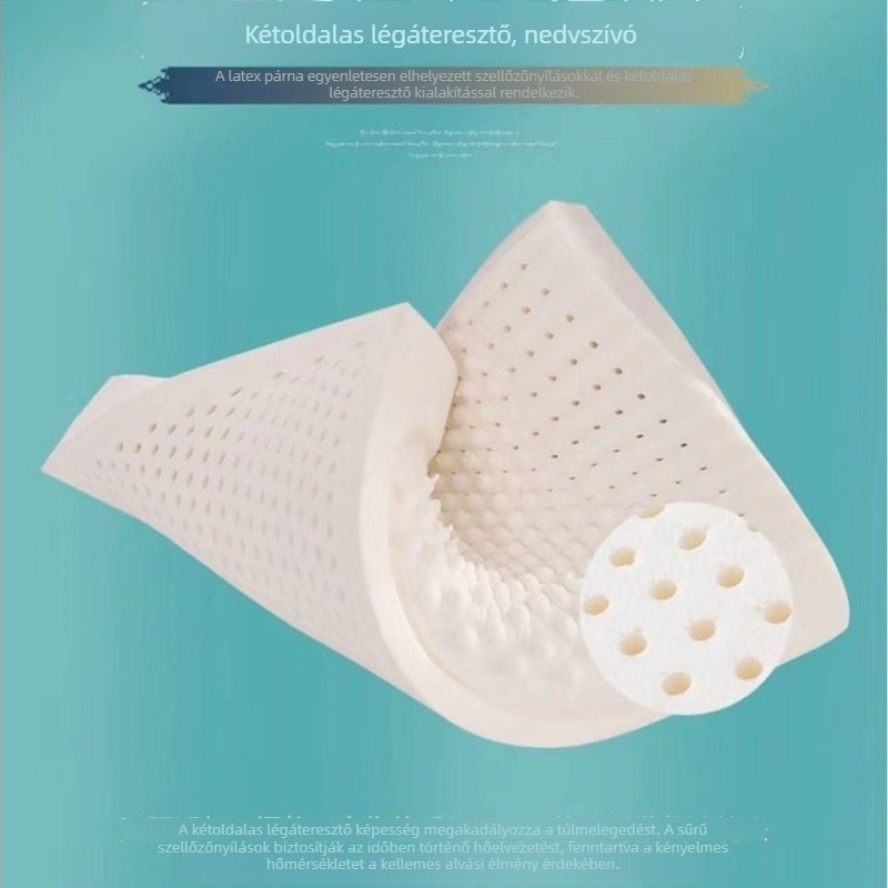 Természetes latex párna nyaki támaszhoz, téglalap alakú, 5–10 cm magas, 0,5–1 kg súly, kötött huzat, latex tartalom 70–80%