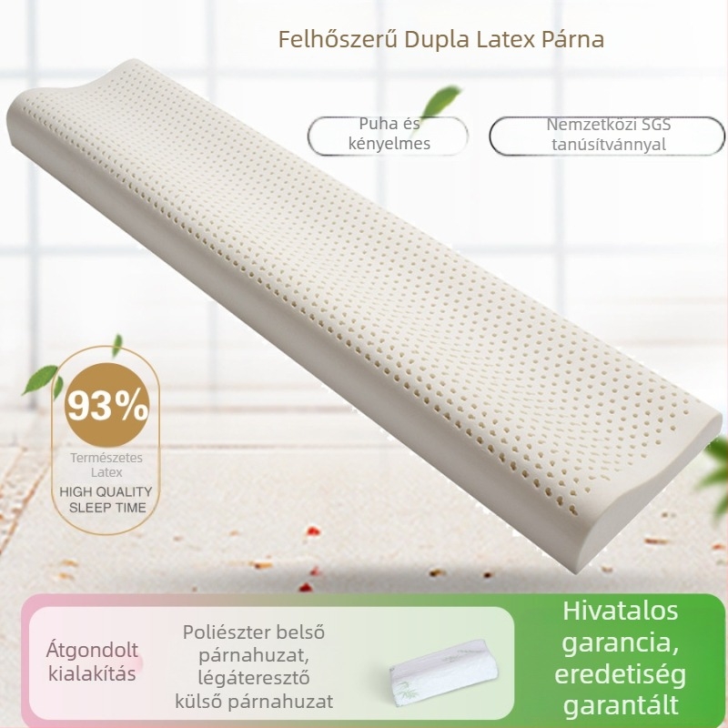 Természetes latex párna pároknak nyaki támasz, hosszú négyzet alakú párna, latex tartalom 80–90%, tömeg 3–3,5 kg