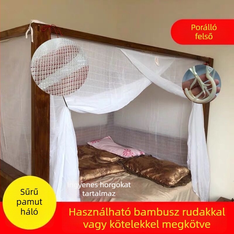 Kétrétegű pamutszövetes szúnyogháló, sűrű szövés, hagyományos rúdhoz rögzített kivitel, méretek 1,2 m, 1,5 m és 1,8 m, otthoni használatra