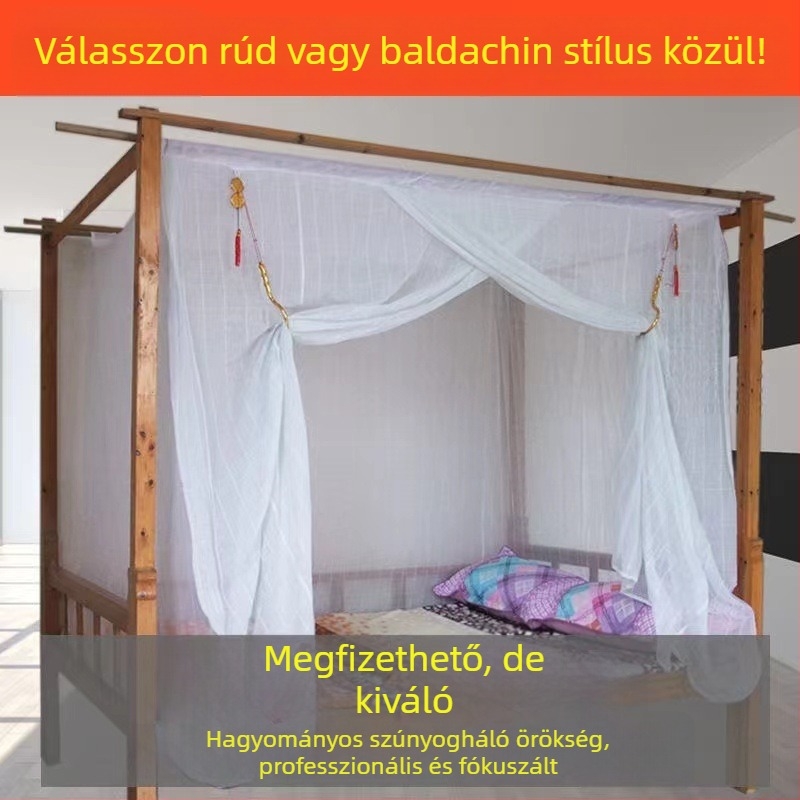 Kétrétegű pamutszövetes szúnyogháló, sűrű szövés, hagyományos rúdhoz rögzített kivitel, méretek 1,2 m, 1,5 m és 1,8 m, otthoni használatra