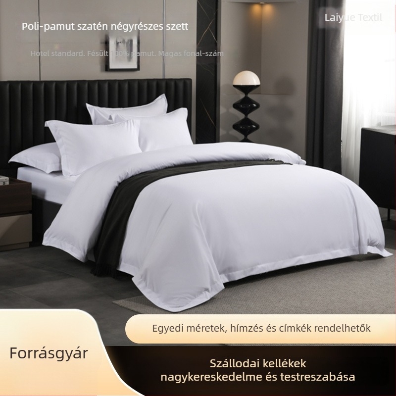 Hotel négyrészes ágyneműkészlet poliészter-pamut szaténból, fehér, dunyheshuzat és lepedők