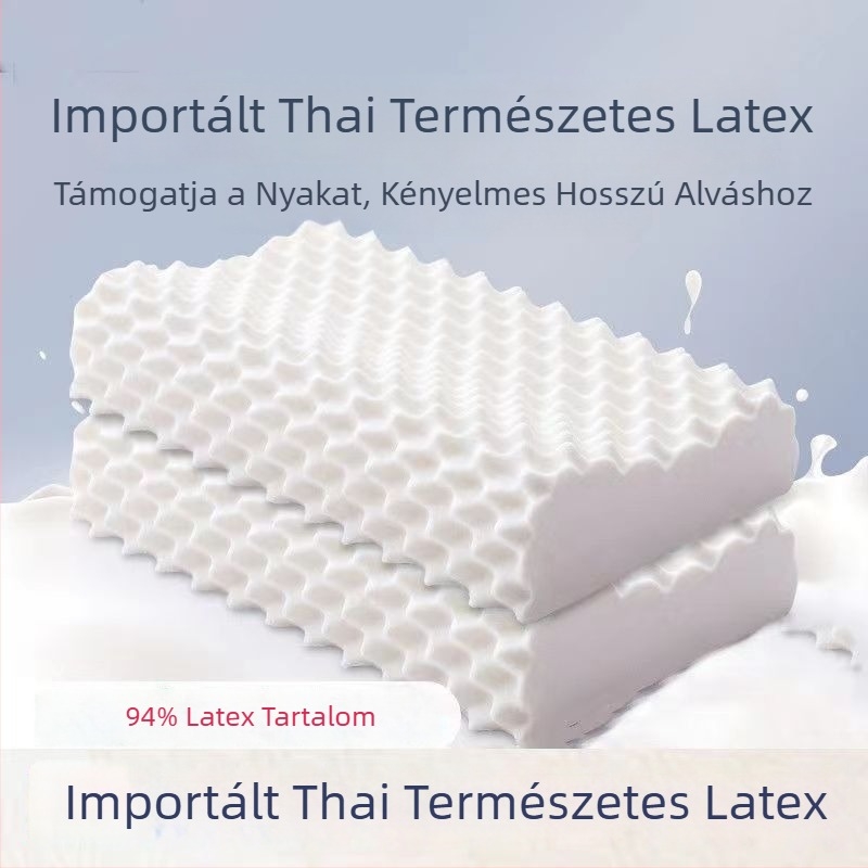 Természetes latex párna, ergonikus nyaki támasztás, lélegző kötött huzat, 10–15 cm magasság.