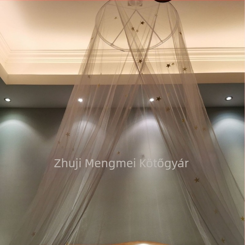Fénylő csillagokkal ellátott kör szúnyogháló egy ajtóval, minimalist palota-stílusban