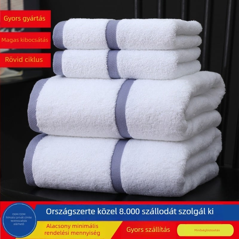 Szállodai törölköző 100% pamutból, fehér, vastag, felső kategóriás szállodák, panziók és apartmanok számára; hímzett logóval, puha