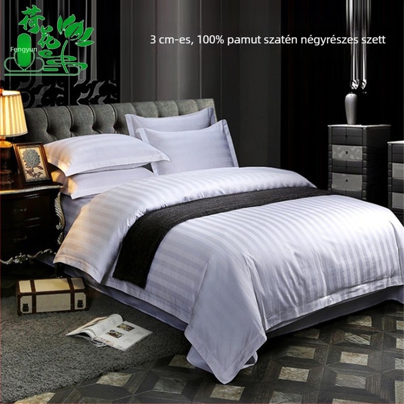 3 cm széles szaténcsíkos ágyneműkészlet, fehér, 4 darab, 100% pamut, hotelszintű