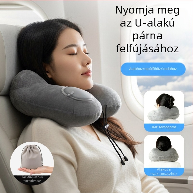 Felfújható U-alakú nyakpárna utazáshoz — hordozható autóban és repülőn, nyak támasz