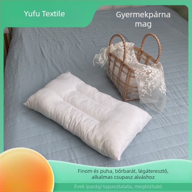 Gyerek párna belső magja, kis méret, nyaki tartás, légáteresztő, toll-velúr töltet, kefés anyag