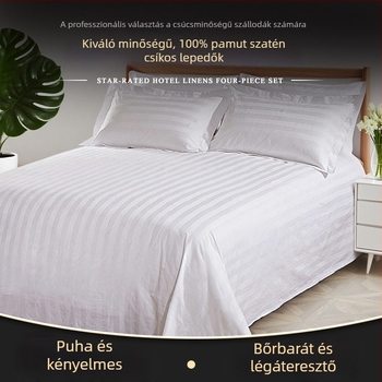 Fehér 100% pamut ágynemű szállodák és panziók számára, 3 cm szaténcsíkokkal, sűrű szövésű és vastagított, egyszínű