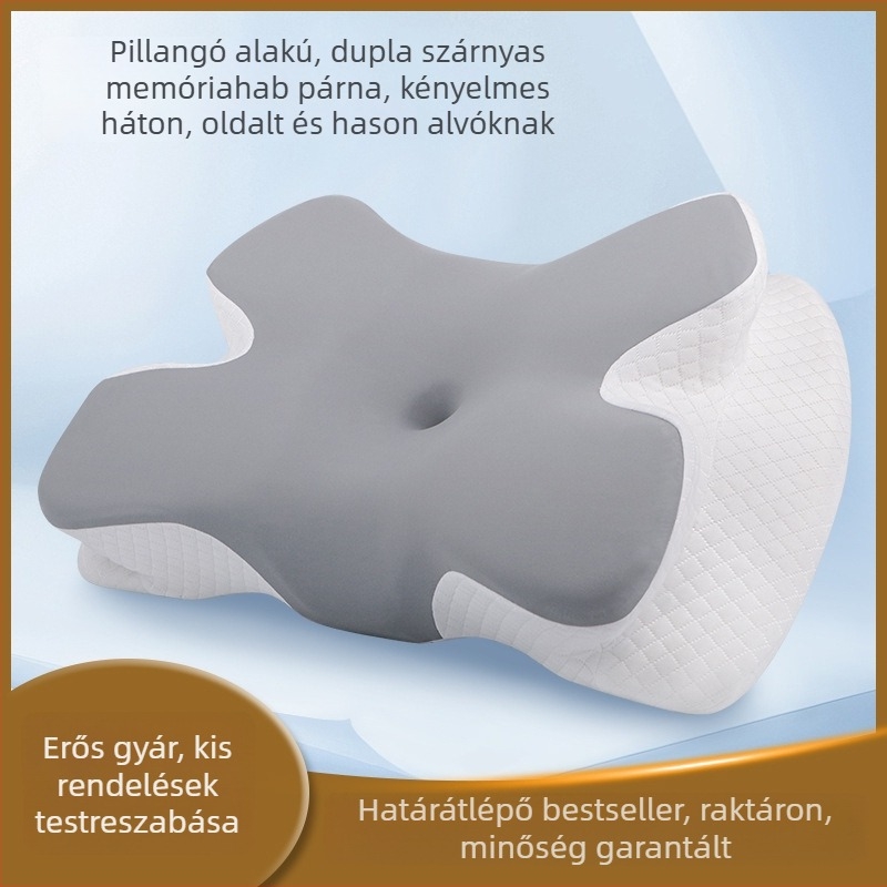 Pillangó alakú memóriahabos nyakpárna, ergonómikus nyaki támasz, állítható magasság 10–15 cm.