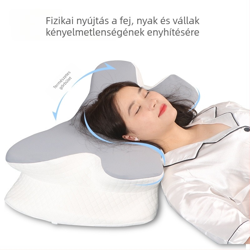 Pillangó alakú memóriahabos nyakpárna, ergonómikus nyaki támasz, állítható magasság 10–15 cm.