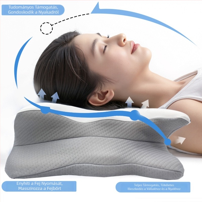 Cloud-Wing pillangó alakú nyaki párna hát- és oldalirányú alváshoz, memóriahab, görbült ergonómikus kialakítás, Ice Silk huzat