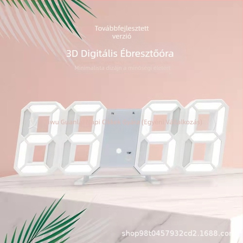 Okos 3D digitális ébresztőóra LED kijelzővel, falióra, hőmérséklet kijelző, nagy modern dizájn