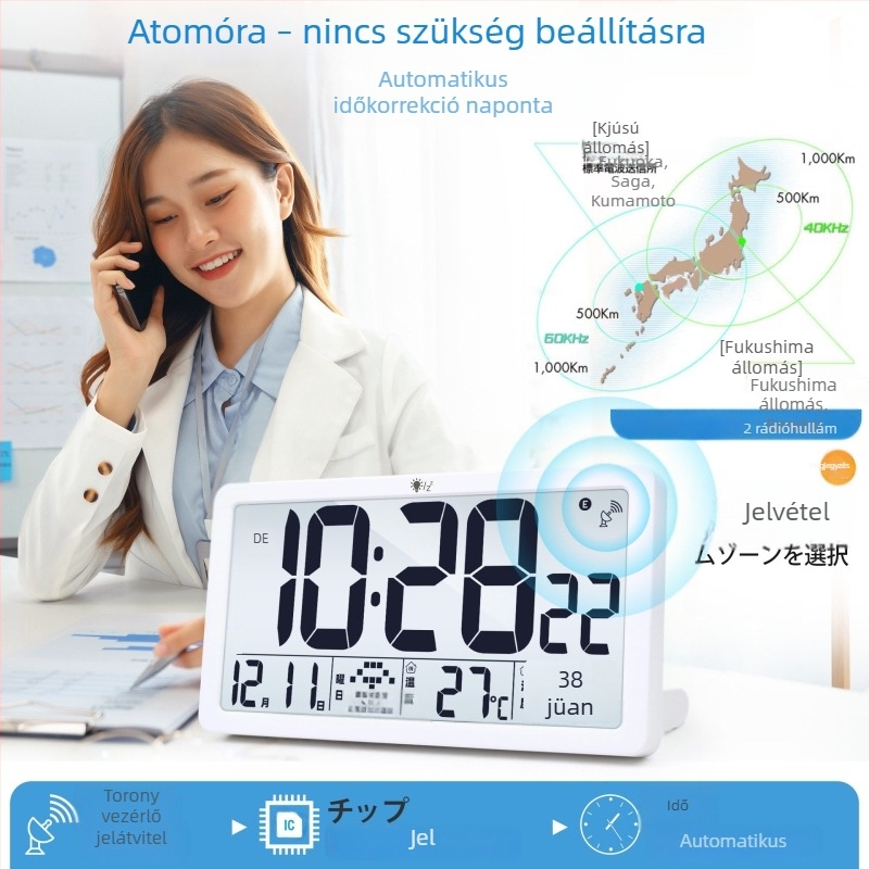 Nagybetűs digitális falióra háttérvilágítással, akkumulátorról működik, hőmérséklet, páratartalom, idő és a hét napja
