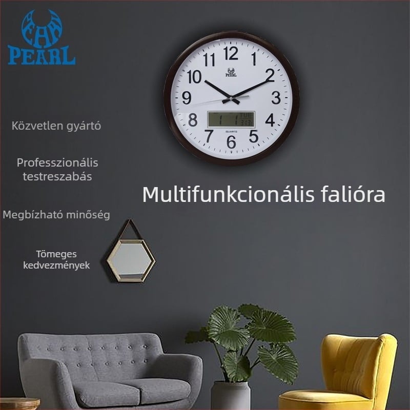 Többfunkciós falióra nappaliba, 14 hüvelykes, falra szerelhető, csendes kvarc óra, hőmérséklet-kijelző és naptár