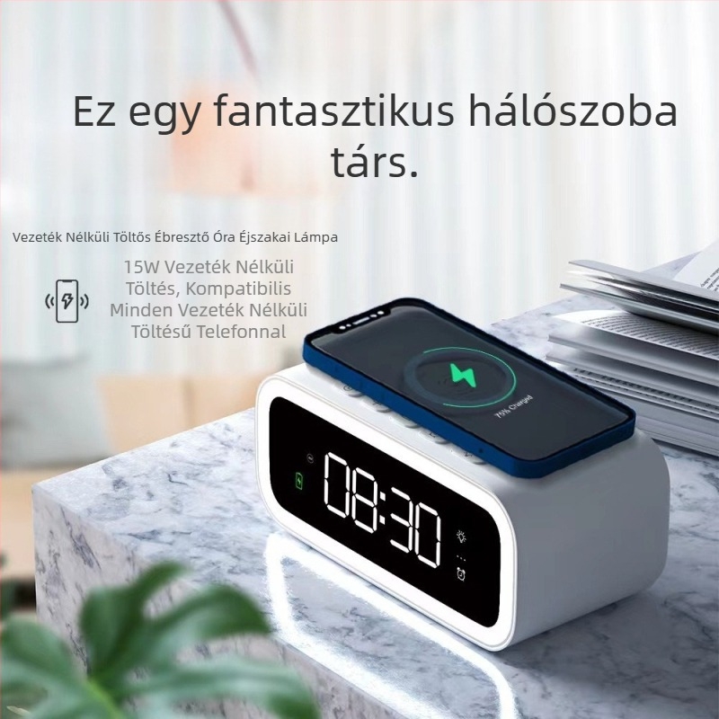 Új, összecsukható hat az egyben elektromos ébresztőóra, vezeték nélküli töltéssel és éjjeli lámpával