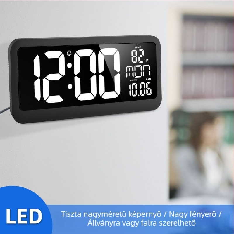 LED XXL falióra hőmérővel, örök naptárral és ébresztővel – 24 órás kijelző nappali szobában