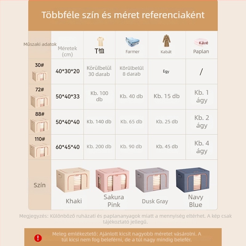 Nagy kapacitású textil tároló doboz ruhákhoz és gardróbhoz, összecsukható ruházati rendező