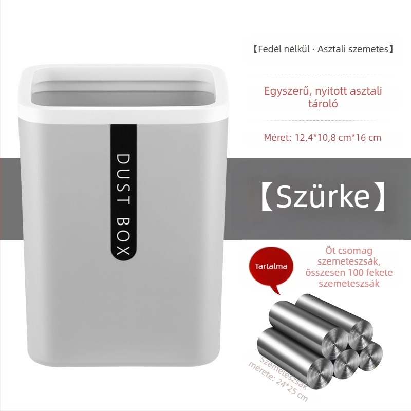 Négyzet alakú műanyag asztali szemetes, kompakt, fedél nélküli, 4 L, otthoni és irodai használatra