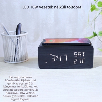Fa LED asztali ébresztőóra vezeték nélküli gyors töltéssel telefonhoz, hőmérővel és naptárral – minimalist dizájn
