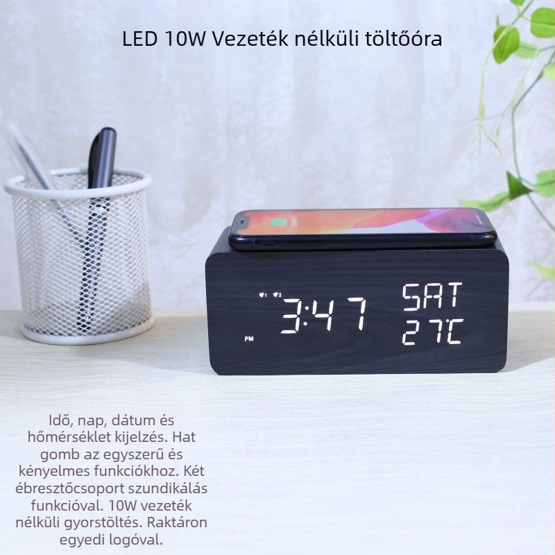 Fa LED asztali ébresztőóra vezeték nélküli gyors töltéssel telefonhoz, hőmérővel és naptárral – minimalist dizájn