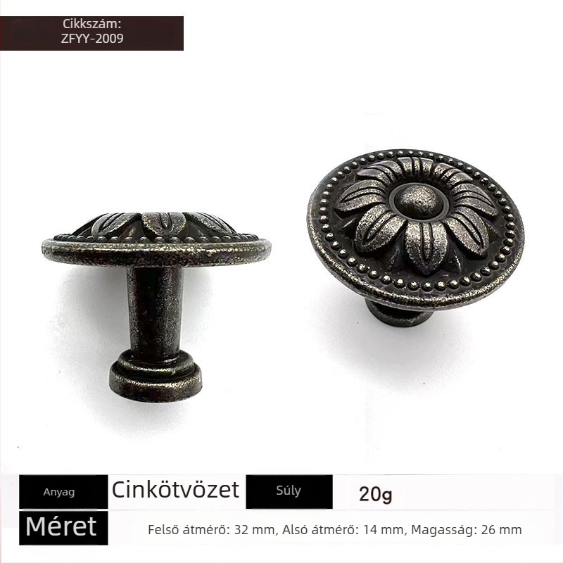 Antik stílusú, kör alakú egylyukú fogantyú, cinkötvözetből