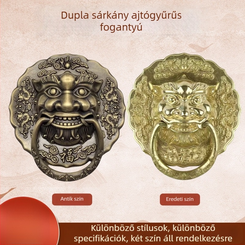 Antik stílusú réz ajtó- és fiókhúzó fogó, két sárkányfej, oroszlánfej és tigrisfej