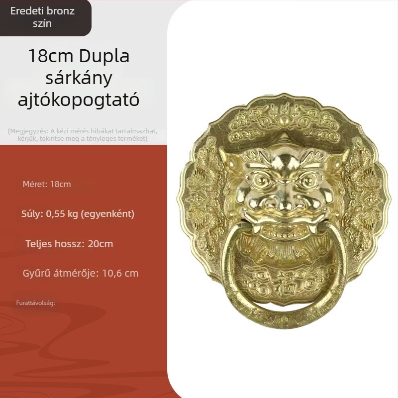Antik stílusú réz ajtó- és fiókhúzó fogó, két sárkányfej, oroszlánfej és tigrisfej