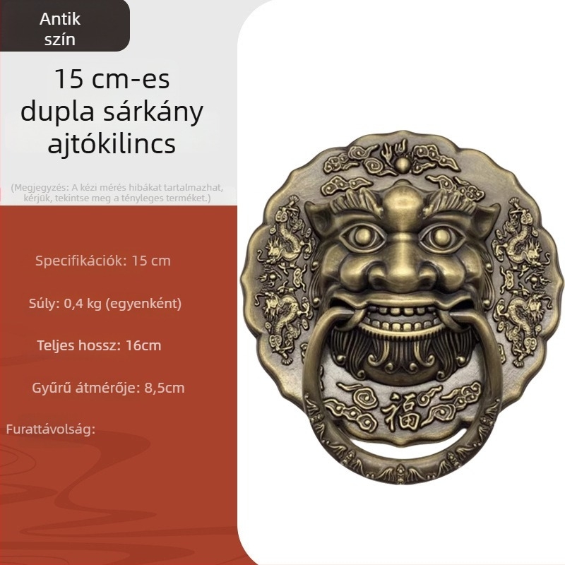 Antik stílusú réz ajtó- és fiókhúzó fogó, két sárkányfej, oroszlánfej és tigrisfej